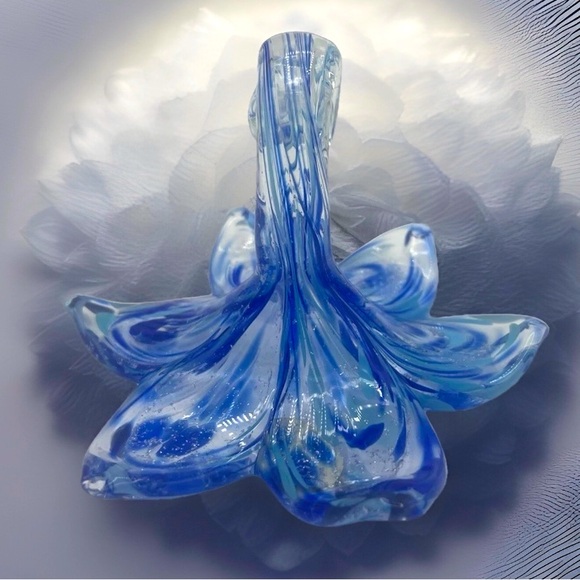 Hand Blown Italian Art Glass Flower w Curled Stem Murano Style Glitter And Blue - Picture 8 of 16